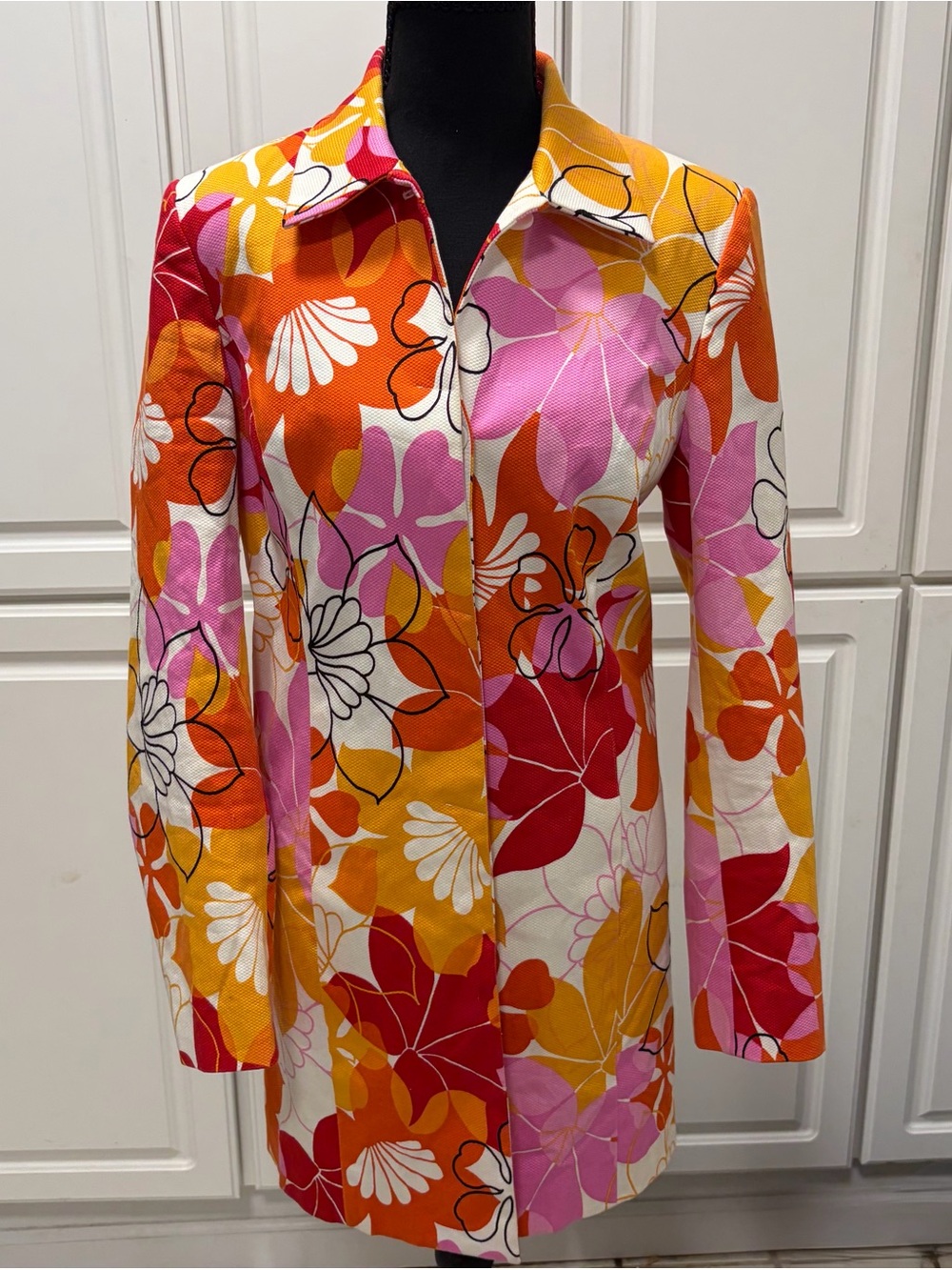 Floral Print Pea Coat in Orange, Pink & Red